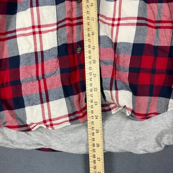 Eddie Bauer Shirt Jacket Women's XL Red Ivory Plaid Hi-Low Button Front Hooded - Picture 13 of 16